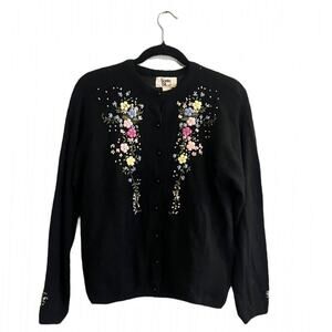 Vintage Bonnie and Bill Floral Embroidered Cardigan Black Large Feminine